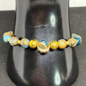 RARE Blue Cloisonné Jade with 18k Gold P CZ accent Moon Stretch Bracelet